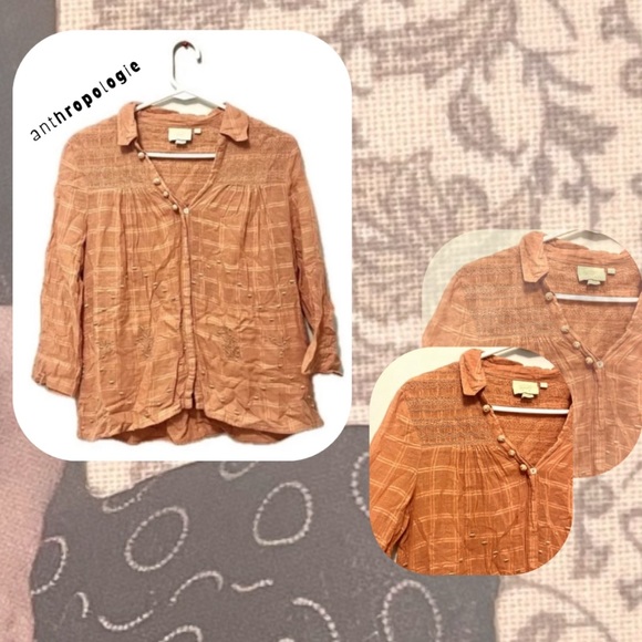 ๐ฅ 3/$30 Anthropologie orange embroidered plaid button long sleeve top - Picture 4 of 17